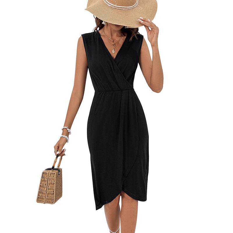 Black Sleeveless Wrap Midi Dress with V-Neck and Slit