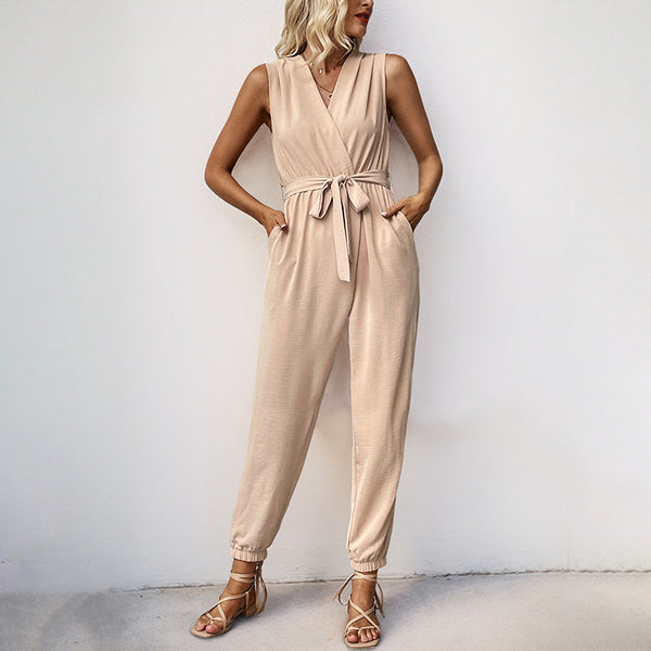 Sleeveless Wrap Jumpsuit with Tie-Waist and Jogger Pants