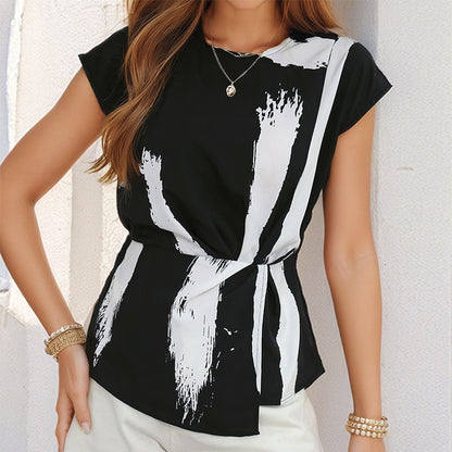 Abstract Print Top with Twisted Front and Cap Sleeves