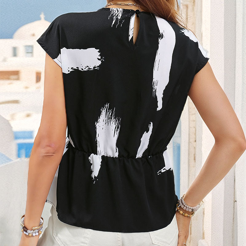 Abstract Print Top with Twisted Front and Cap Sleeves