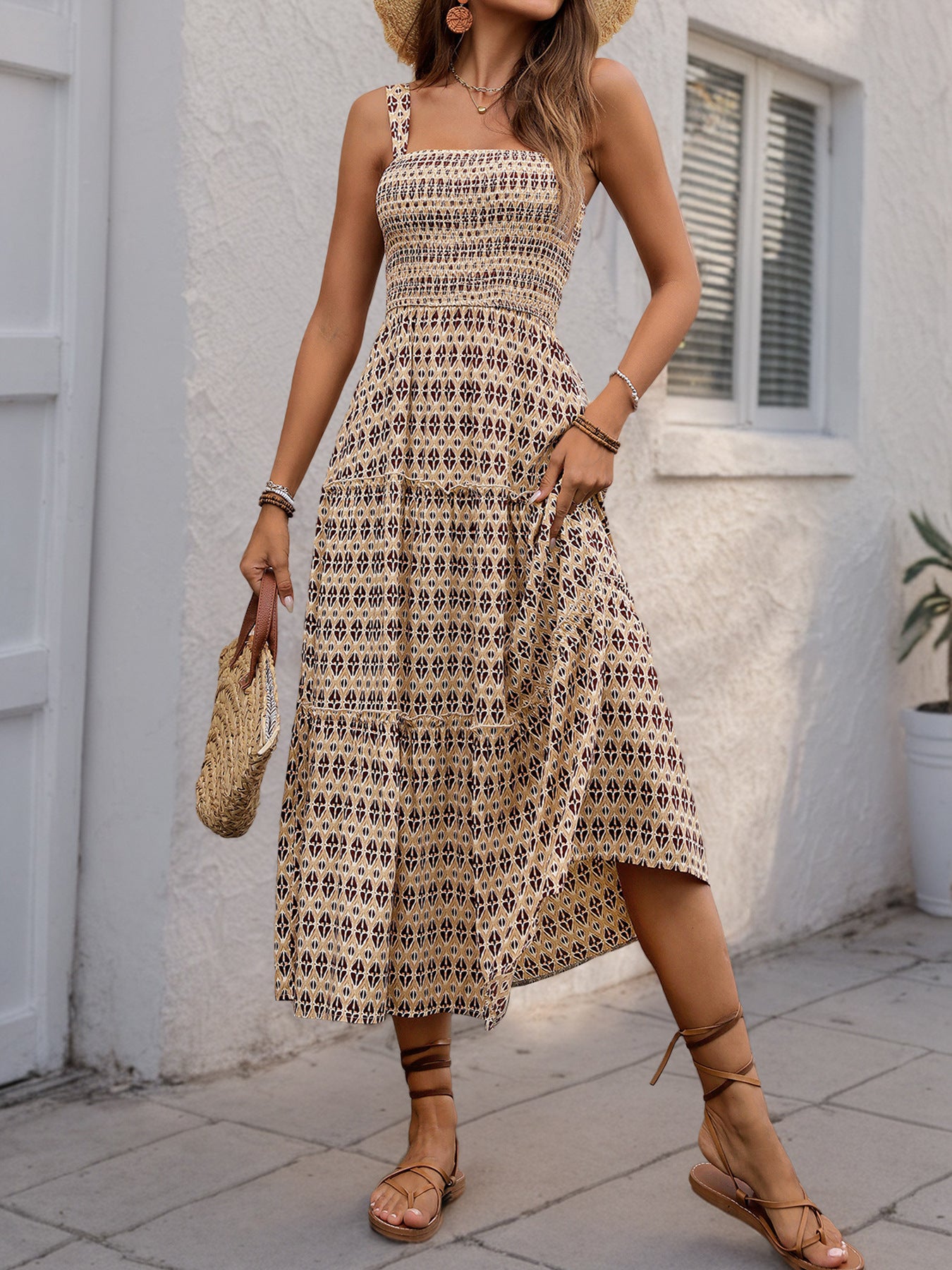 Geometric Print A-Line Midi Dress with Smocked Bodice