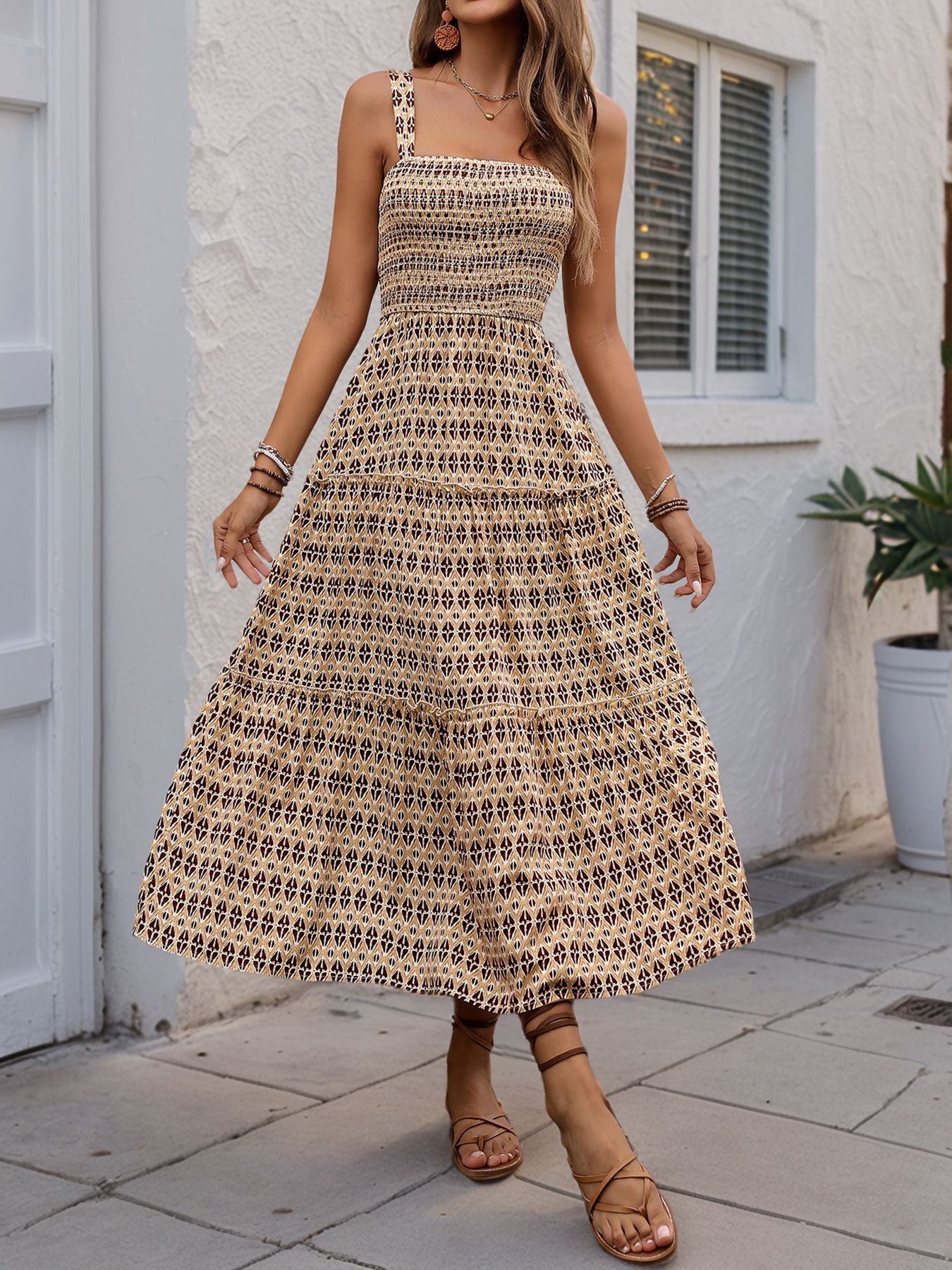 Geometric Print A-Line Midi Dress with Smocked Bodice