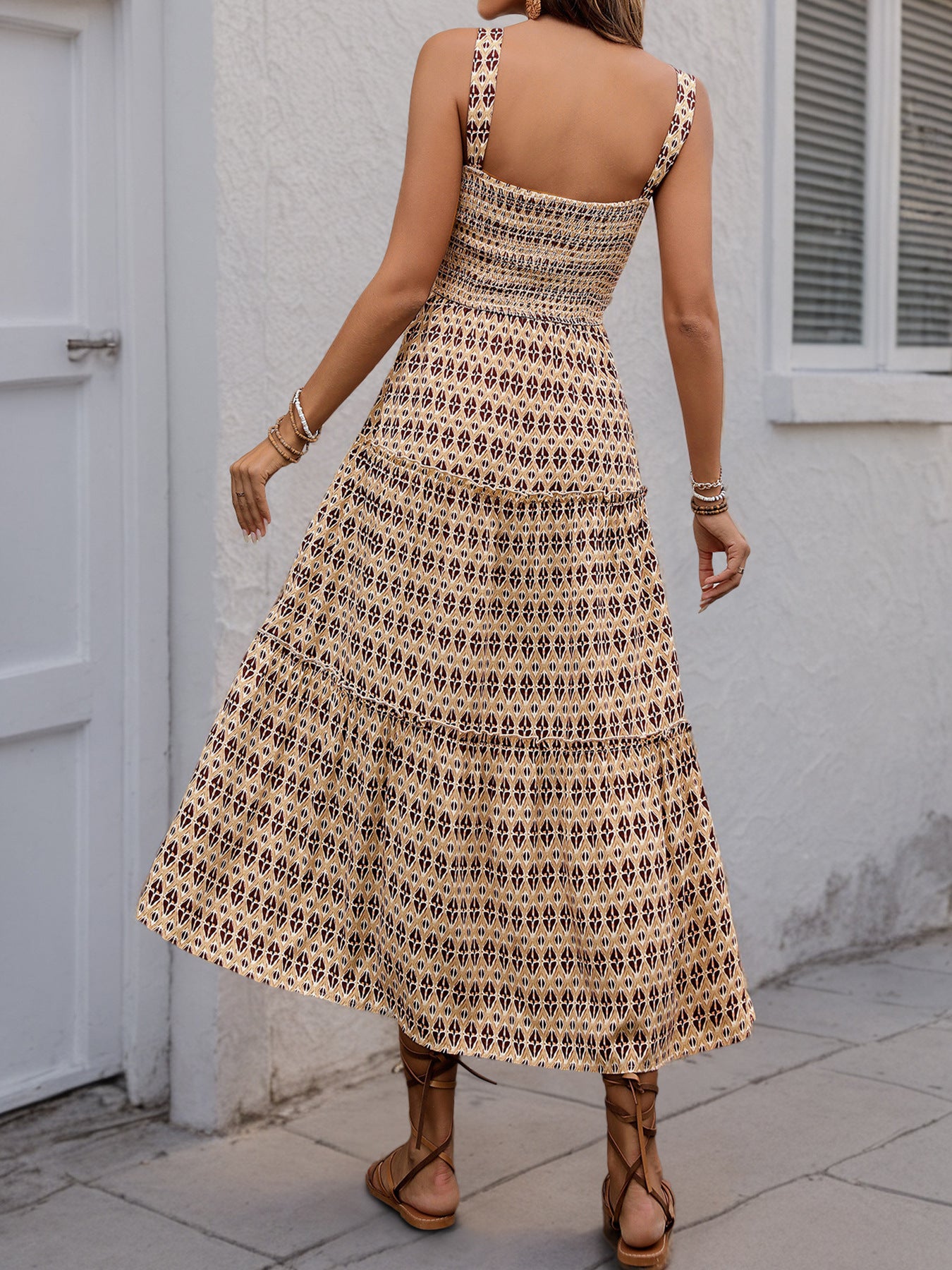 Geometric Print A-Line Midi Dress with Smocked Bodice