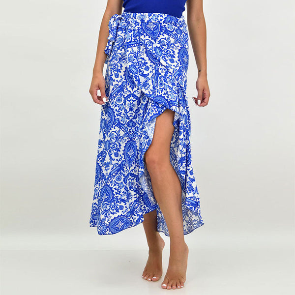 Paisley Print Wrap Maxi Skirt with Irregular Hem