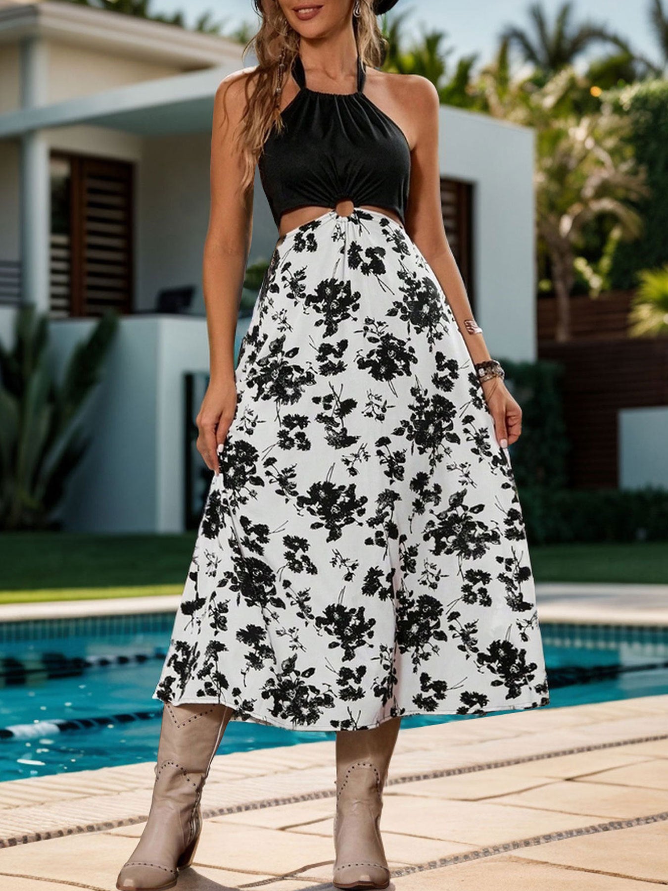 Floral Print Halter Midi Dress with Cut-Out Waist