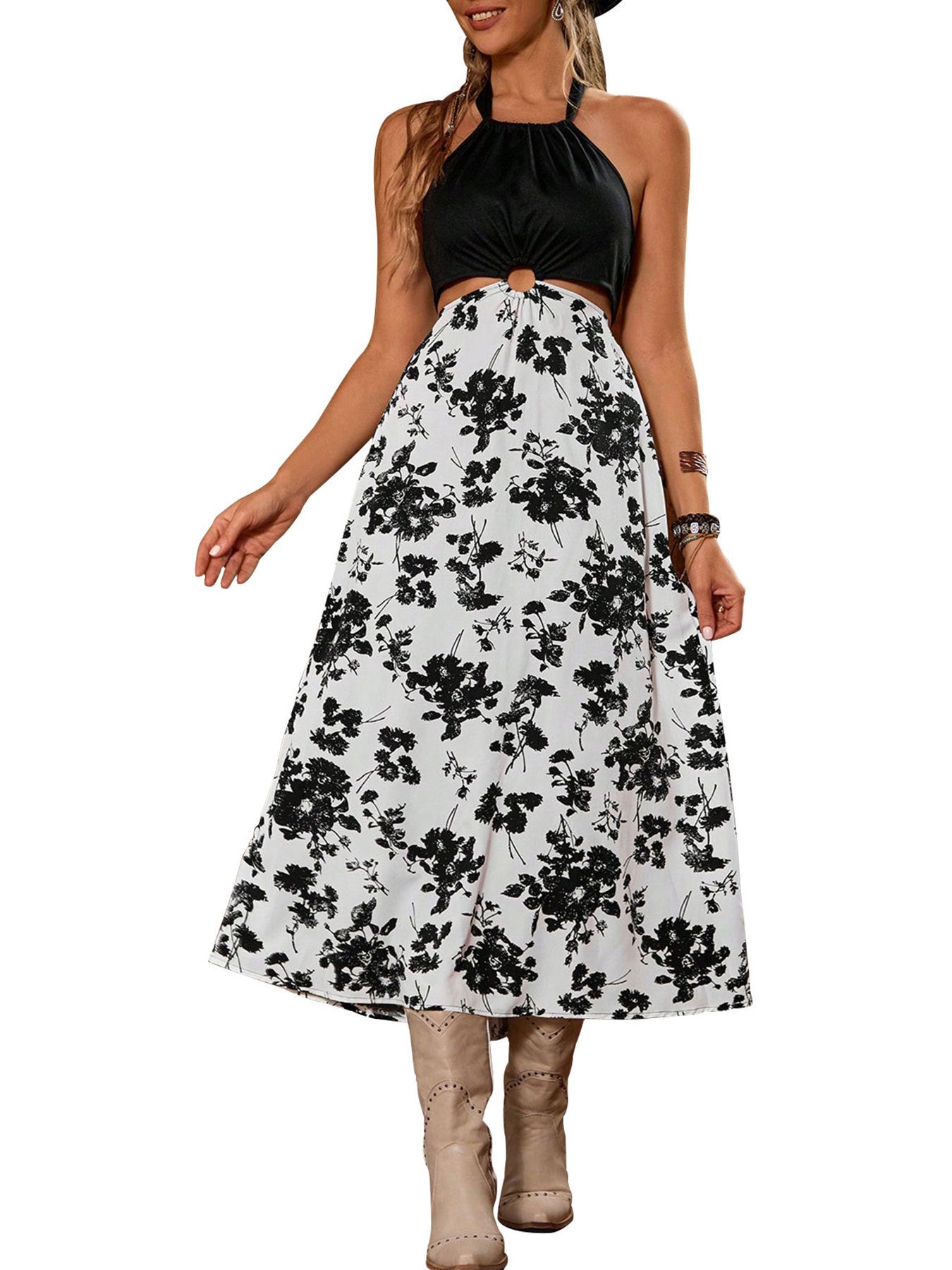 Floral Print Halter Midi Dress with Cut-Out Waist