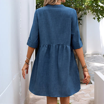 Solid Smock Dress with V-Neck and Button Front