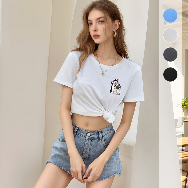 Loose Fit Round Neck T-Shirt with Cartoon Dog Print