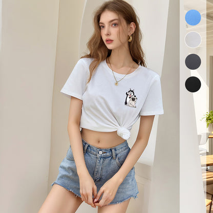 Loose Fit Round Neck T-Shirt with Cartoon Dog Print