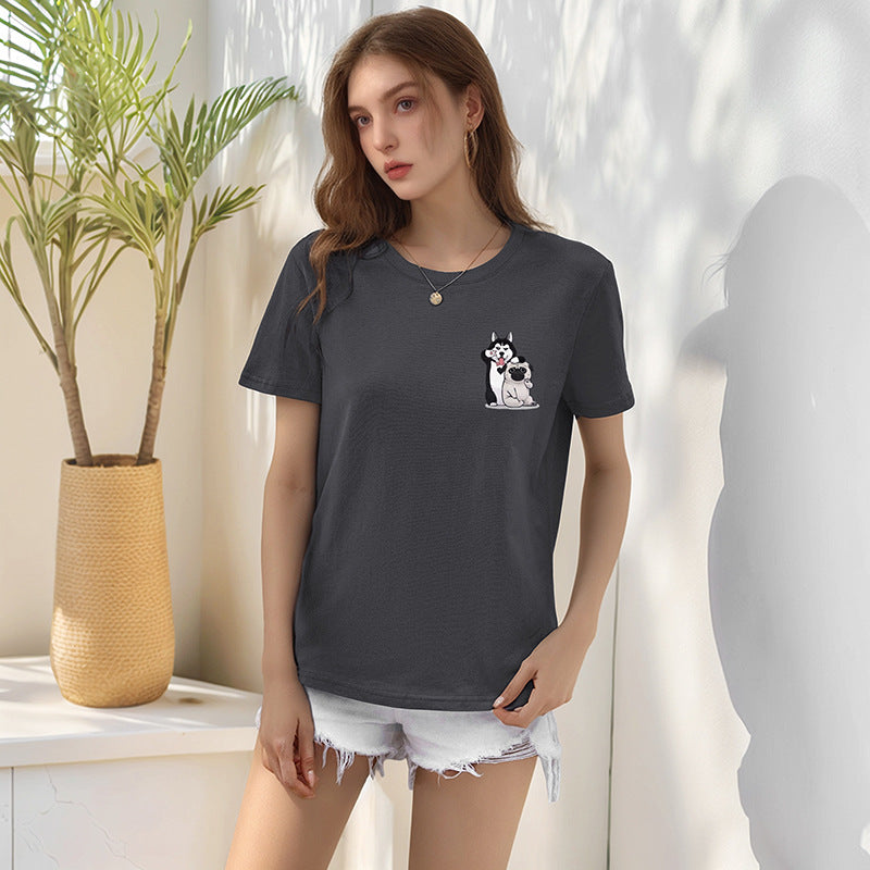 Loose Fit Round Neck T-Shirt with Cartoon Dog Print