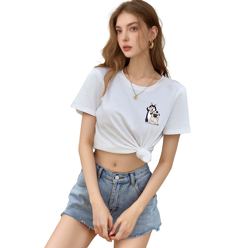 Loose Fit Round Neck T-Shirt with Cartoon Dog Print