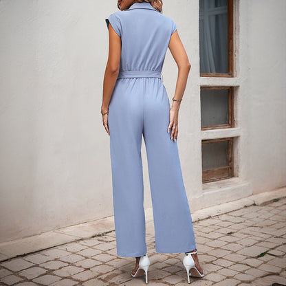 Sleeveless Wide-Leg Jumpsuit with Shirt Collar and Belted Waist