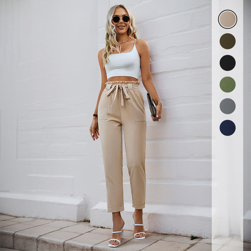 Straight-Leg Cropped Pants with Paperbag Tie-Waist
