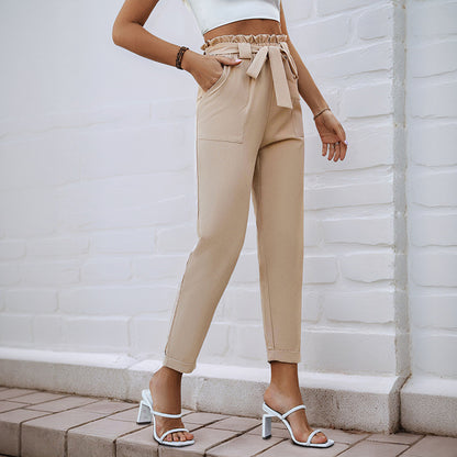 Straight-Leg Cropped Pants with Paperbag Tie-Waist