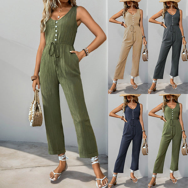 Textured Sleeveless Jumpsuit with Button Front and Drawstring Waist