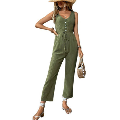 Textured Sleeveless Jumpsuit with Button Front and Drawstring Waist