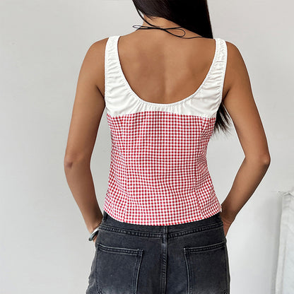 Cropped Gingham Tank Top with Shirred Yoke and Tie Front