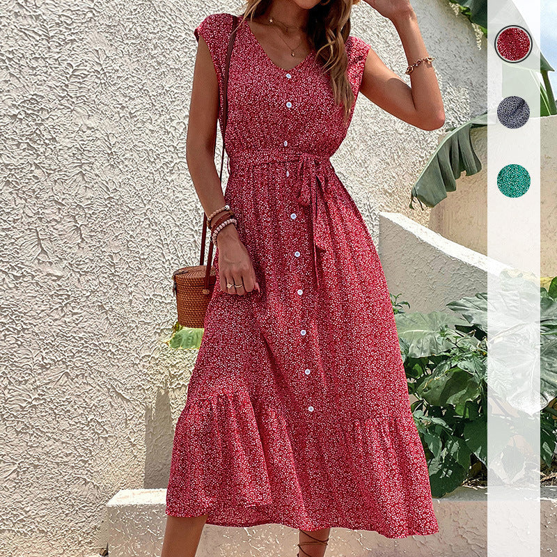 Floral A-Line Midi Dress with Button-Front and Tie-Waist