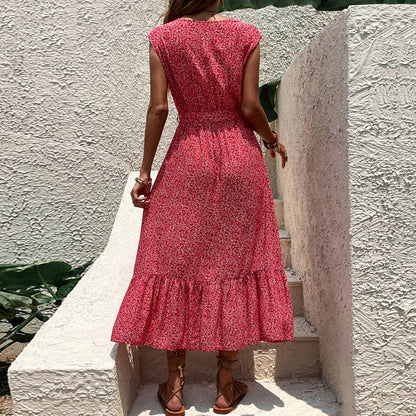 Floral A-Line Midi Dress with Button-Front and Tie-Waist