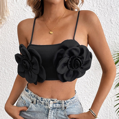 Cropped Camisole with 3D Floral Appliques and Spaghetti Straps
