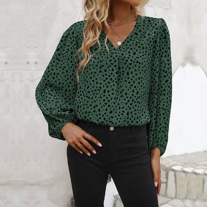 Leopard Dot Print Blouse with V-Neck and Long Sleeves