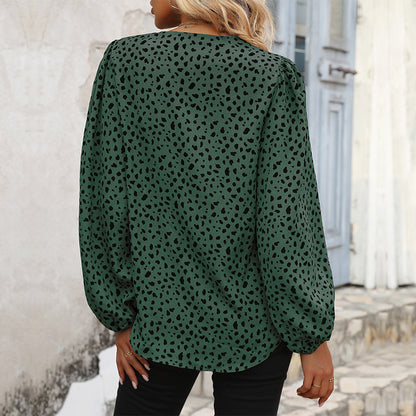 Leopard Dot Print Blouse with V-Neck and Long Sleeves