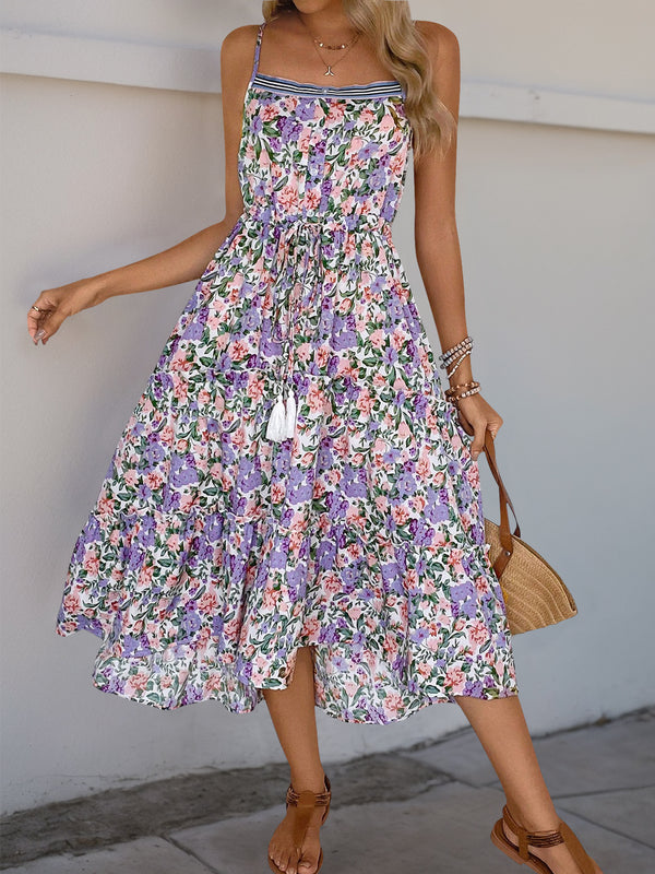 Floral Print Strappy Tiered Dress with Drawstring