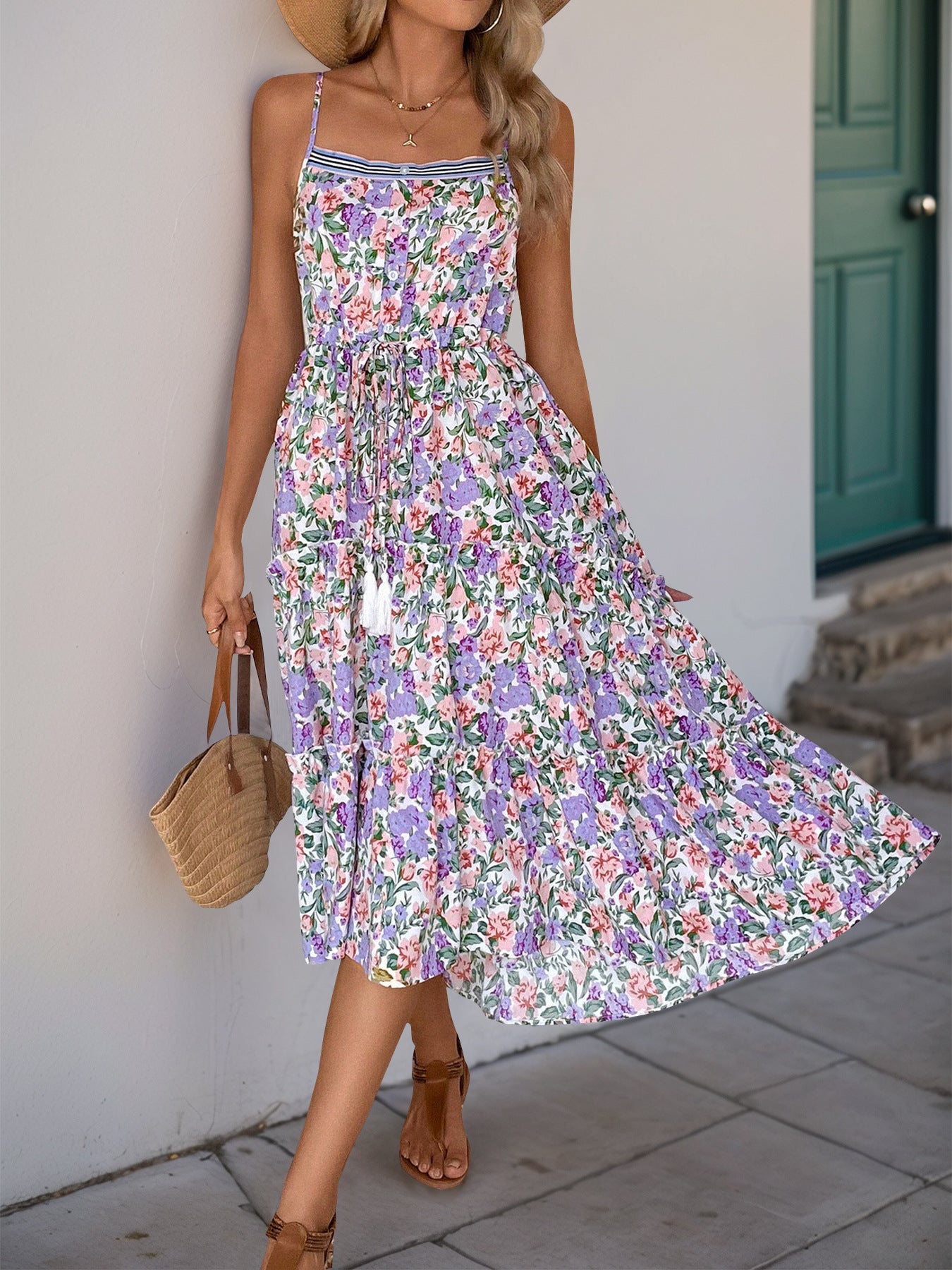 Floral Print Strappy Tiered Dress with Drawstring