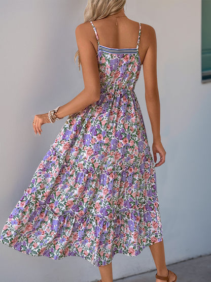 Floral Print Strappy Tiered Dress with Drawstring