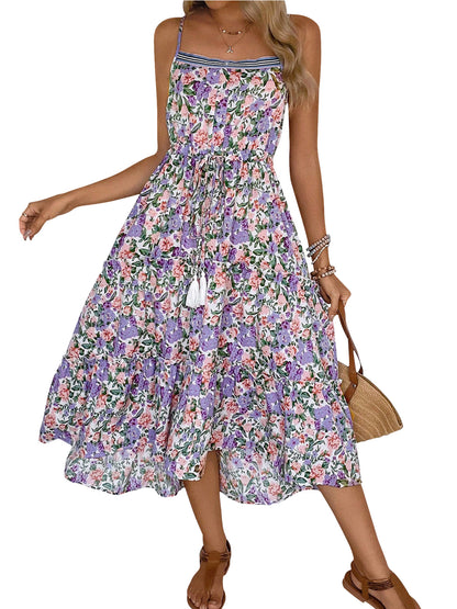 Floral Print Strappy Tiered Dress with Drawstring