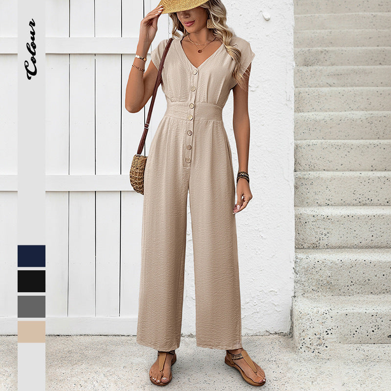 Wide-Leg Jumpsuit with V-Neck, Flutter Sleeves & Button Front