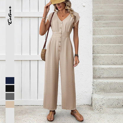 Wide-Leg Jumpsuit with V-Neck, Flutter Sleeves & Button Front