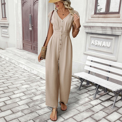 Wide-Leg Jumpsuit with V-Neck, Flutter Sleeves & Button Front