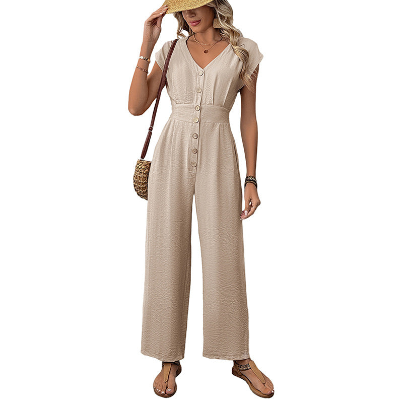 Wide-Leg Jumpsuit with V-Neck, Flutter Sleeves & Button Front