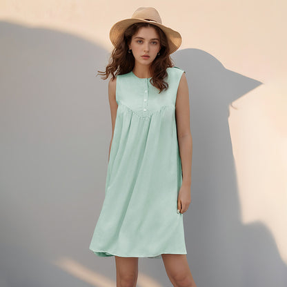 Solid Sleeveless Babydoll Dress with Button Front