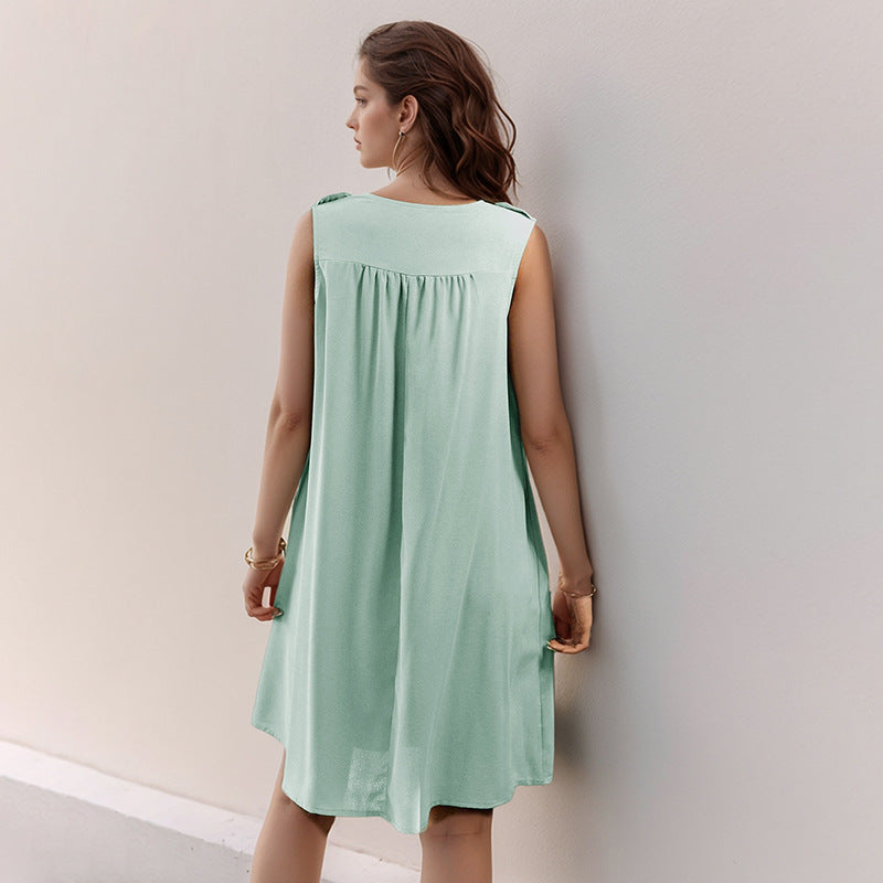 Solid Sleeveless Babydoll Dress with Button Front