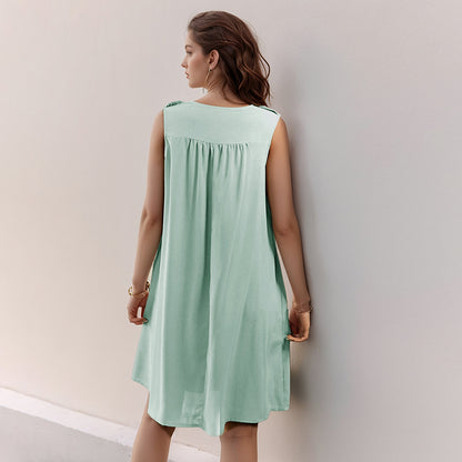 Solid Sleeveless Babydoll Dress with Button Front