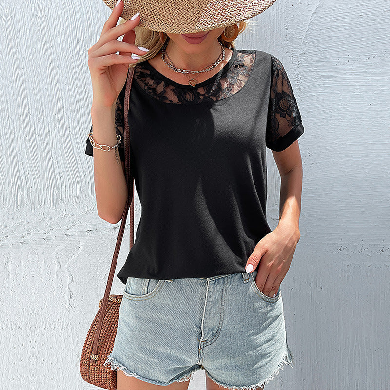 Solid Loose T-Shirt with Lace Yoke and Sleeves