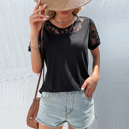 Solid Loose T-Shirt with Lace Yoke and Sleeves
