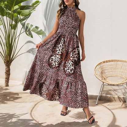 Leopard Print A-Line Maxi Dress with Halter Neck and Butterfly Graphic