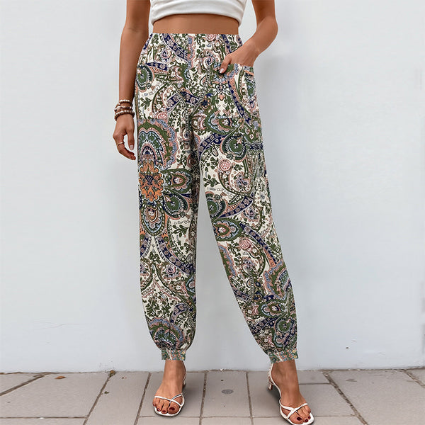 Paisley Print Loose Lantern Pants with Elastic Waist and Cuffs
