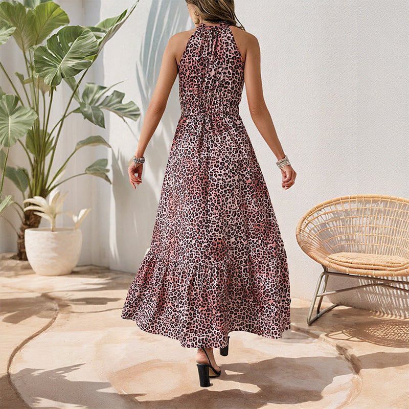 Leopard Print A-Line Maxi Dress with Halter Neck and Butterfly Graphic