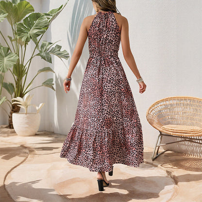 Leopard Print A-Line Maxi Dress with Halter Neck and Butterfly Graphic