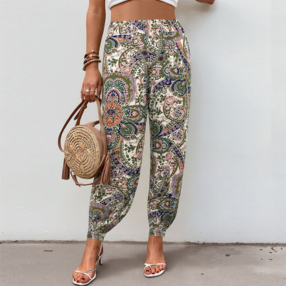 Paisley Print Loose Lantern Pants with Elastic Waist and Cuffs