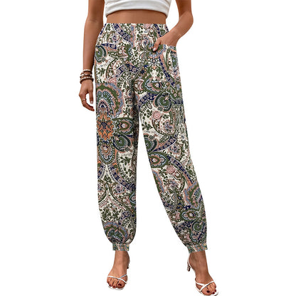 Paisley Print Loose Lantern Pants with Elastic Waist and Cuffs