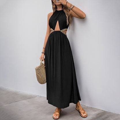 Halter Neck Maxi Dress with Cut-Out Waist and Ethnic Ribbon Trim