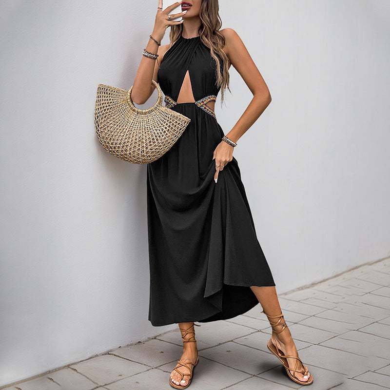Halter Neck Maxi Dress with Cut-Out Waist and Ethnic Ribbon Trim