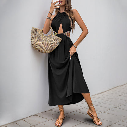 Halter Neck Maxi Dress with Cut-Out Waist and Ethnic Ribbon Trim