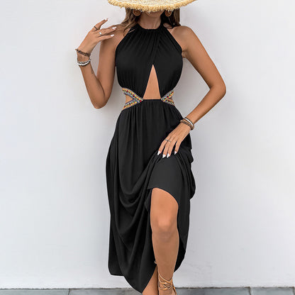 Halter Neck Maxi Dress with Cut-Out Waist and Ethnic Ribbon Trim