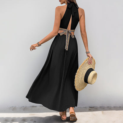 Halter Neck Maxi Dress with Cut-Out Waist and Ethnic Ribbon Trim